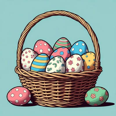 Colorful Easter Eggs in Wicker Basket