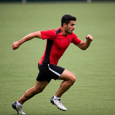 Athletic man sprinting on soccer field