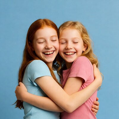 Two girls hugging and smiling