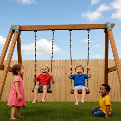 Happy kids on backyard swing set