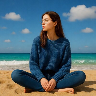 Woman in glasses meditating on beach