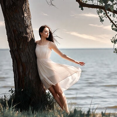 Woman in white dress by tree lake