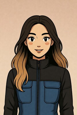 Asian woman in black jacket illustration