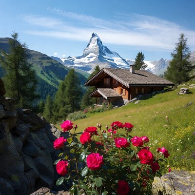 Matterhorn Chalet with Red Roses