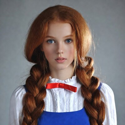 Redhead girl in blue pinafore dress