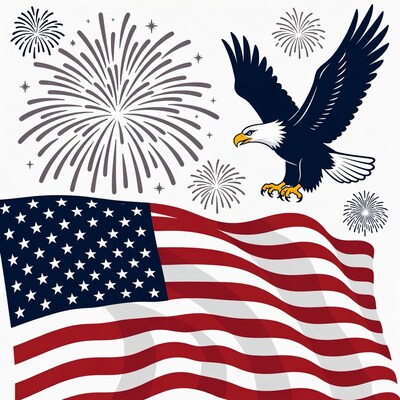 Bald Eagle over American Flag with Fireworks