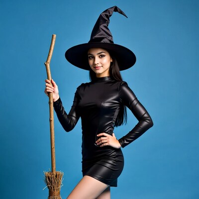 Woman in black witch costume with broom