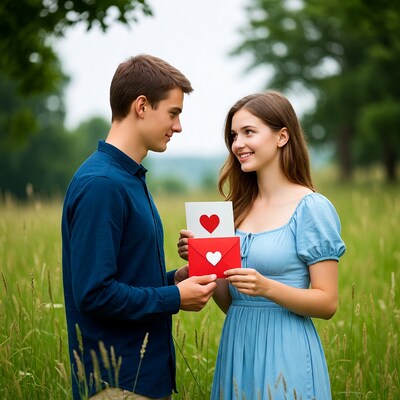 Young couple with heart love letter in field