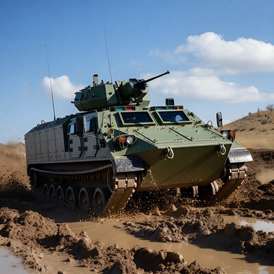 Armored vehicle driving through mud