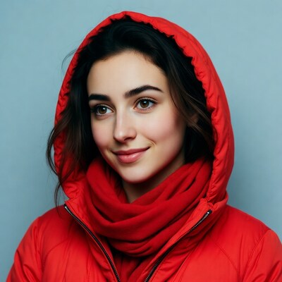 Woman in red hooded jacket smiling