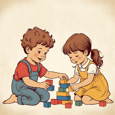 Boy and girl building blocks