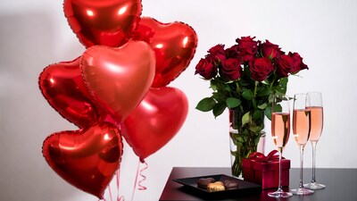 Red heart balloons with roses and champagne