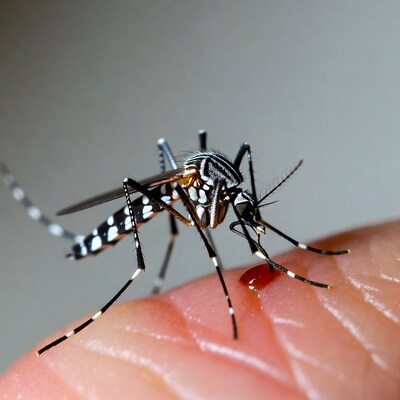 Mosquito on finger with blood drop