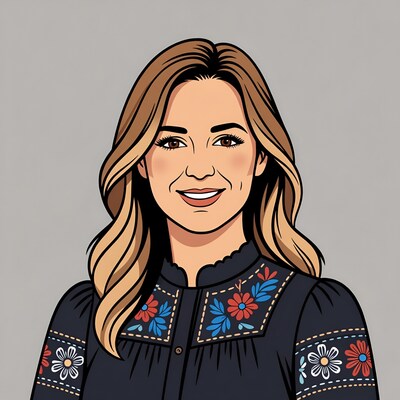 Smiling woman in embroidered blouse