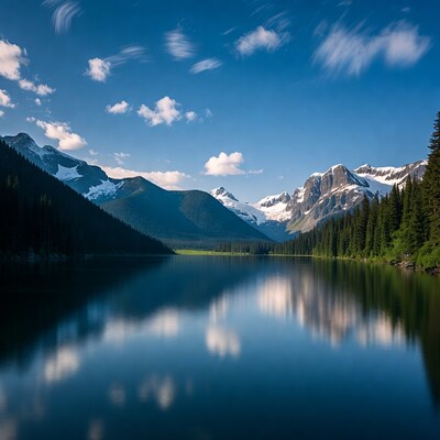 Mountain Lake with Snowy Peaks Reflection