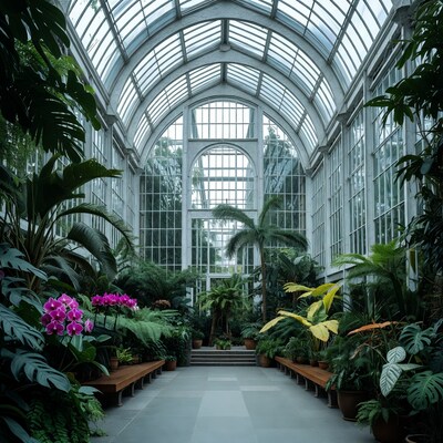 Glass Conservatory Filled with Tropical Plants