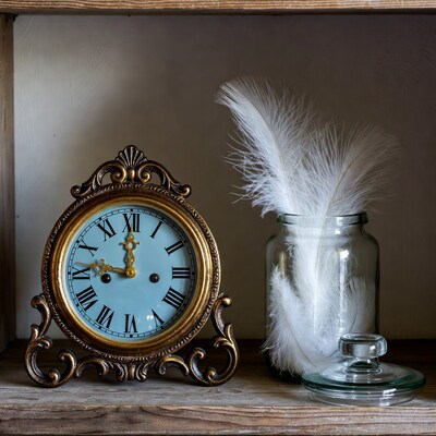 Vintage Clock with Feathers in Jar