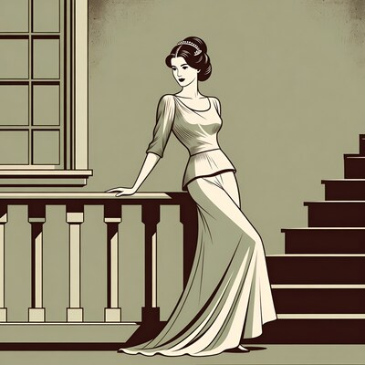 Elegant woman leaning on balcony railing
