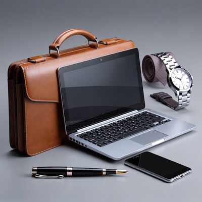 Brown leather briefcase with laptop and accessories