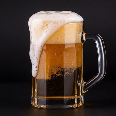 Beer mug with foam on black background