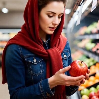 Woman holding red apple in supermarket