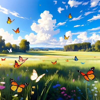 Colorful Butterflies Flying in Meadow