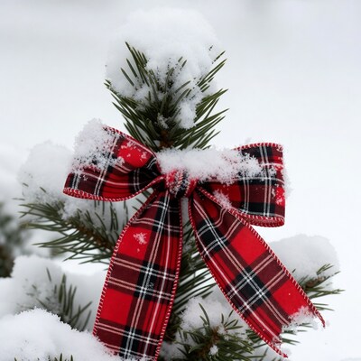 Snowy Pine Branch with Red Plaid Bow