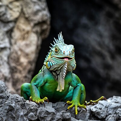 Green iguana on rocks