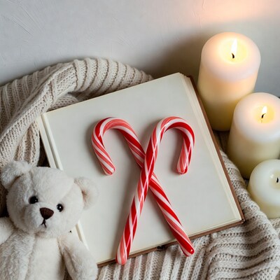 Candy canes on book with teddy bear