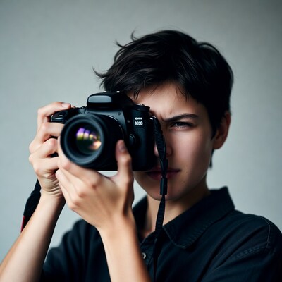 Young woman holding camera to eye