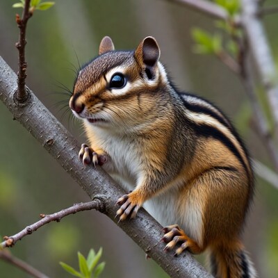 Chipmunk clinging to tree branch