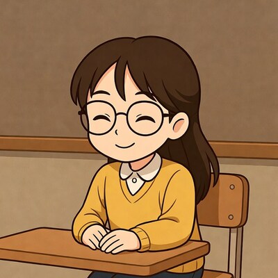Anime girl smiling at school desk