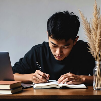 Asian man writing in notebook
