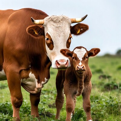 Mother Cow and Calf in Grass
