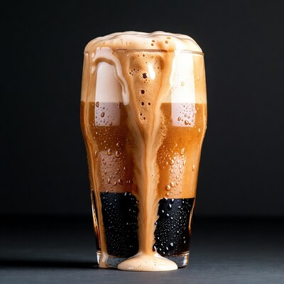 Pint glass with overflowing stout beer