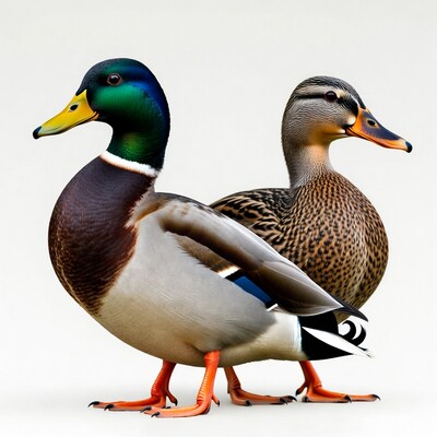 Male and female mallard ducks pair