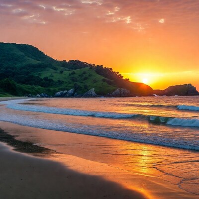 Sunset over beach with green hills
