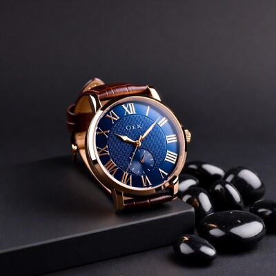 Blue OYK Roman numeral watch on leather strap