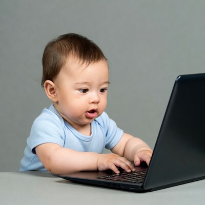 Asian baby typing on laptop