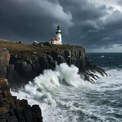 Lighthouse on cliff during stormy waves