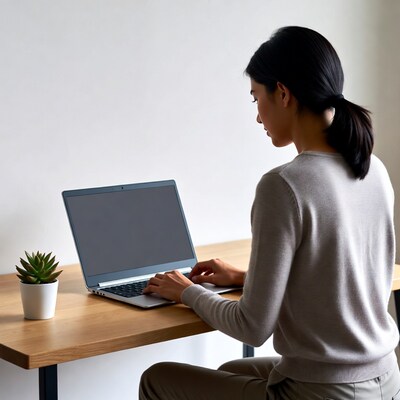 Asian woman typing on laptop