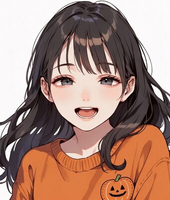 Anime girl smiling in orange pumpkin sweater
