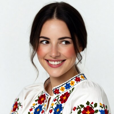 Smiling woman in embroidered blouse