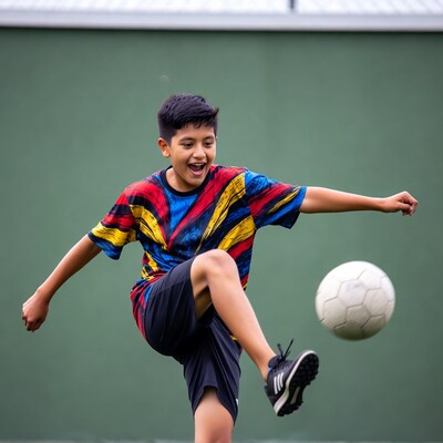 Boy kicking soccer ball