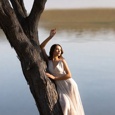 Woman leaning on tree by lake