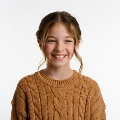 Smiling girl in tan cable knit sweater