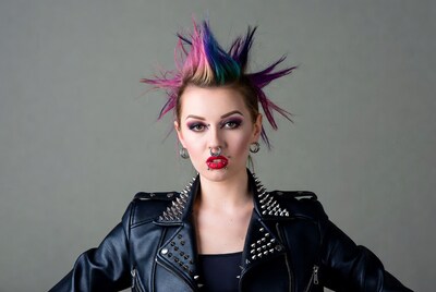 Woman with colorful mohawk and studded jacket