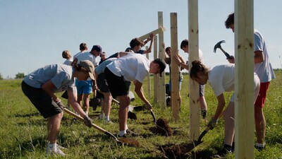 Teens building fence in grassy field