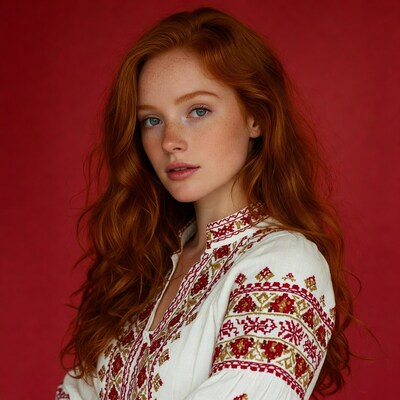 Redhead woman in embroidered blouse