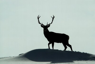 Silhouette of stag on snowy dune